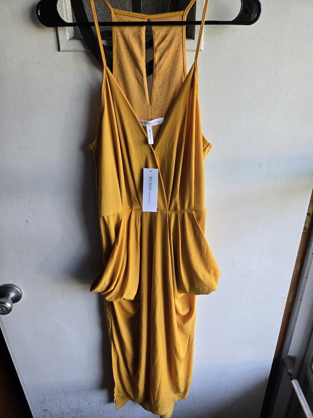 BCBGeneration Mustard Yellow Draped Midi Dress with V-Neck NWT